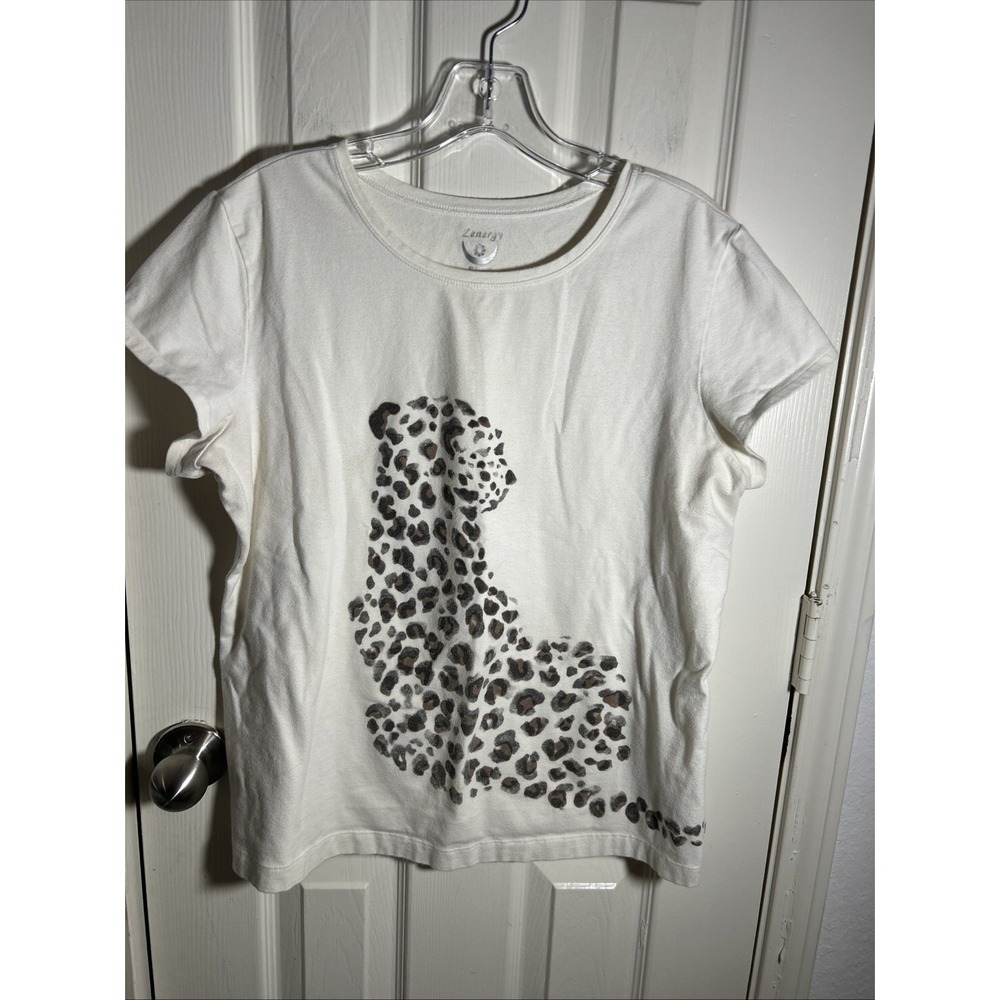 Zenergy Chicos Womens XL/3 White Tee Animal Print Leopard Short Sleeve